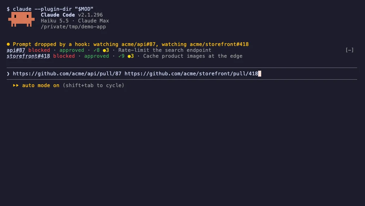 cc-pr-tracker running in Claude Code