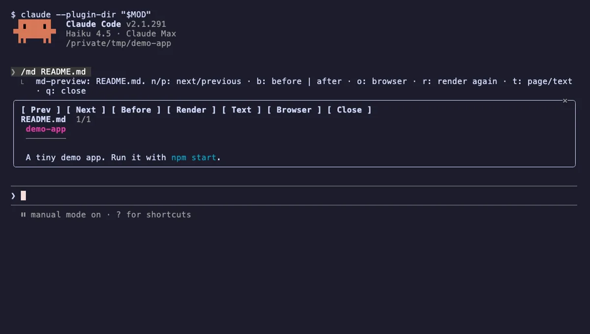 md-preview running in Claude Code