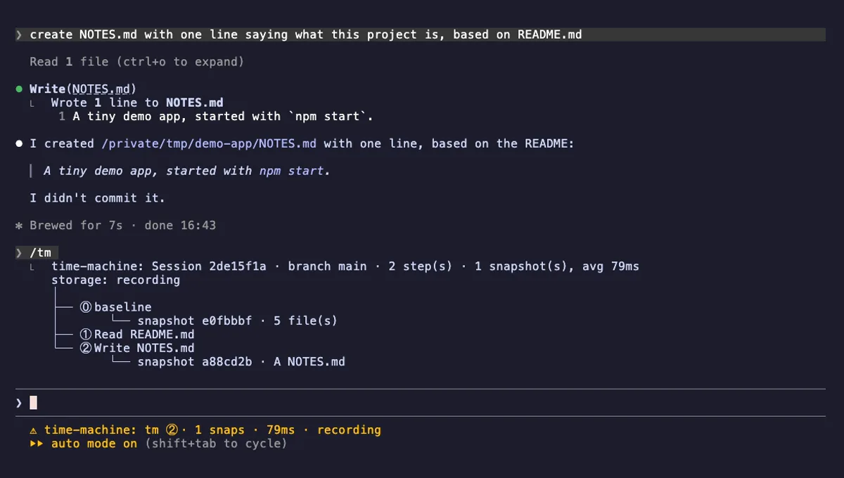 Time Machine running in Claude Code